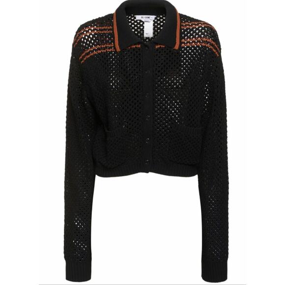 RE/DONE Black Crochet Mesh Polo Cardigan Women’s Size L - Picture 4 of 13